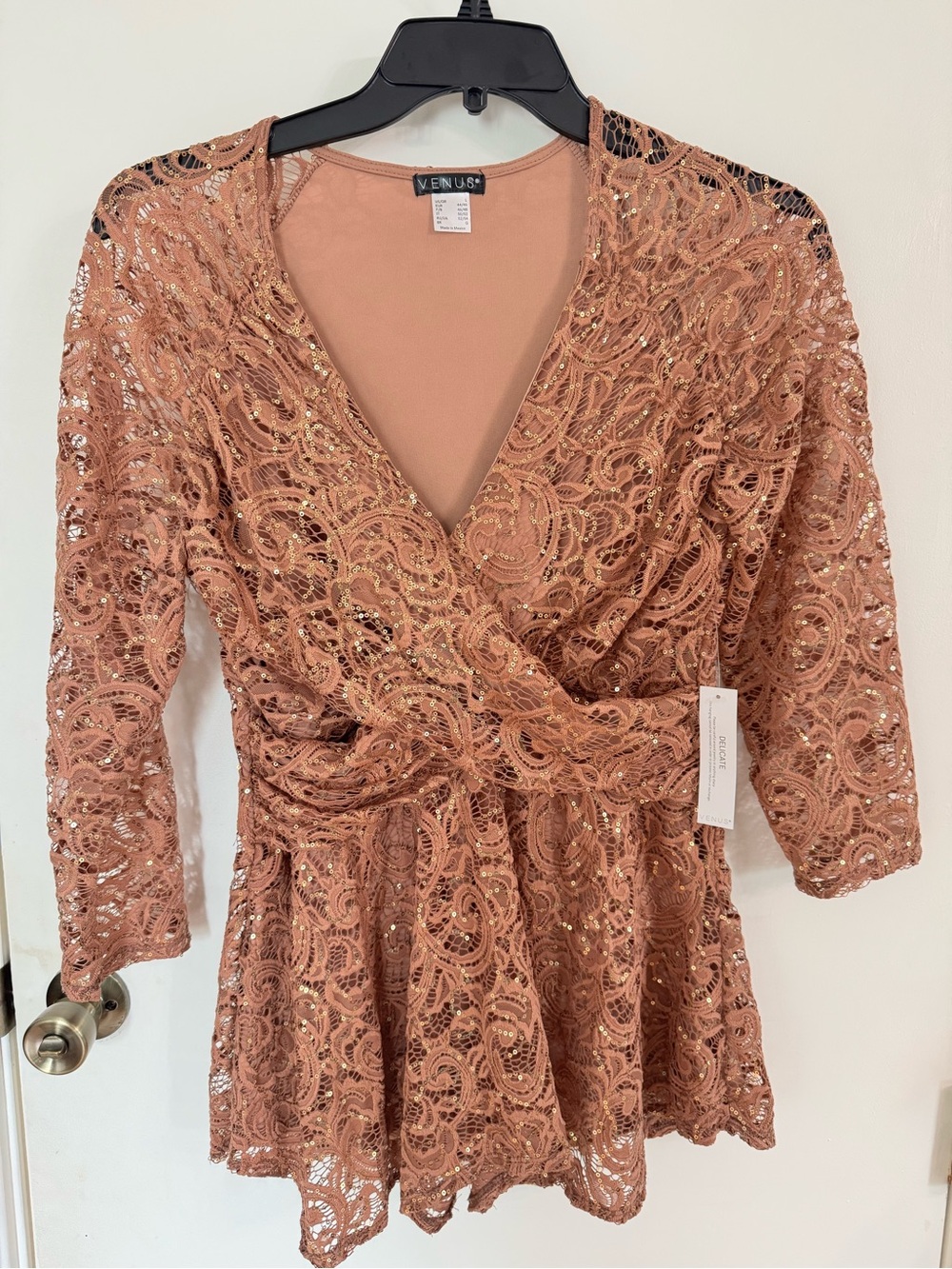 VENUS Rose Blush Lace Wrap Peplum Top with Sequin Detail